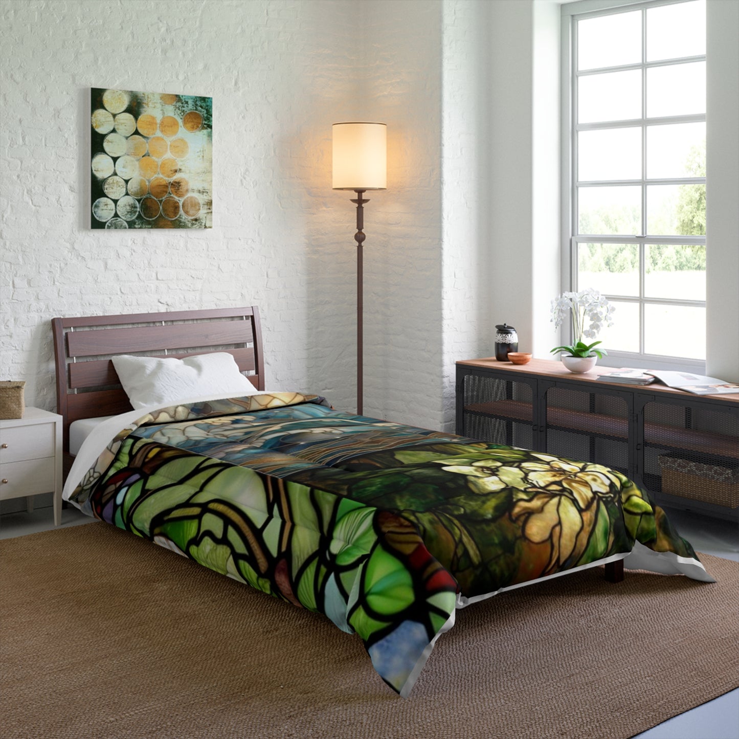 Stained Glass Comforter - Artistic Bedding for Cozy Spaces, Home Decor, Gift for Housewarming, Boho Chic Style, Floral Print