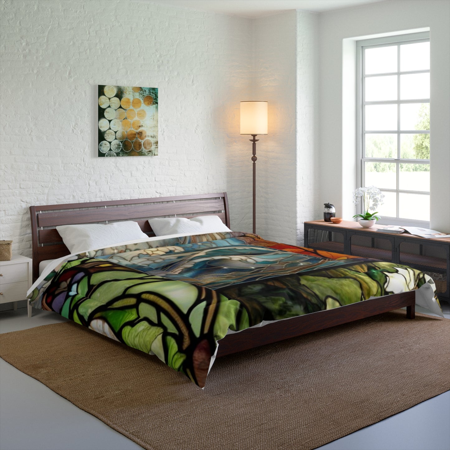 Stained Glass Comforter - Artistic Bedding for Cozy Spaces, Home Decor, Gift for Housewarming, Boho Chic Style, Floral Print