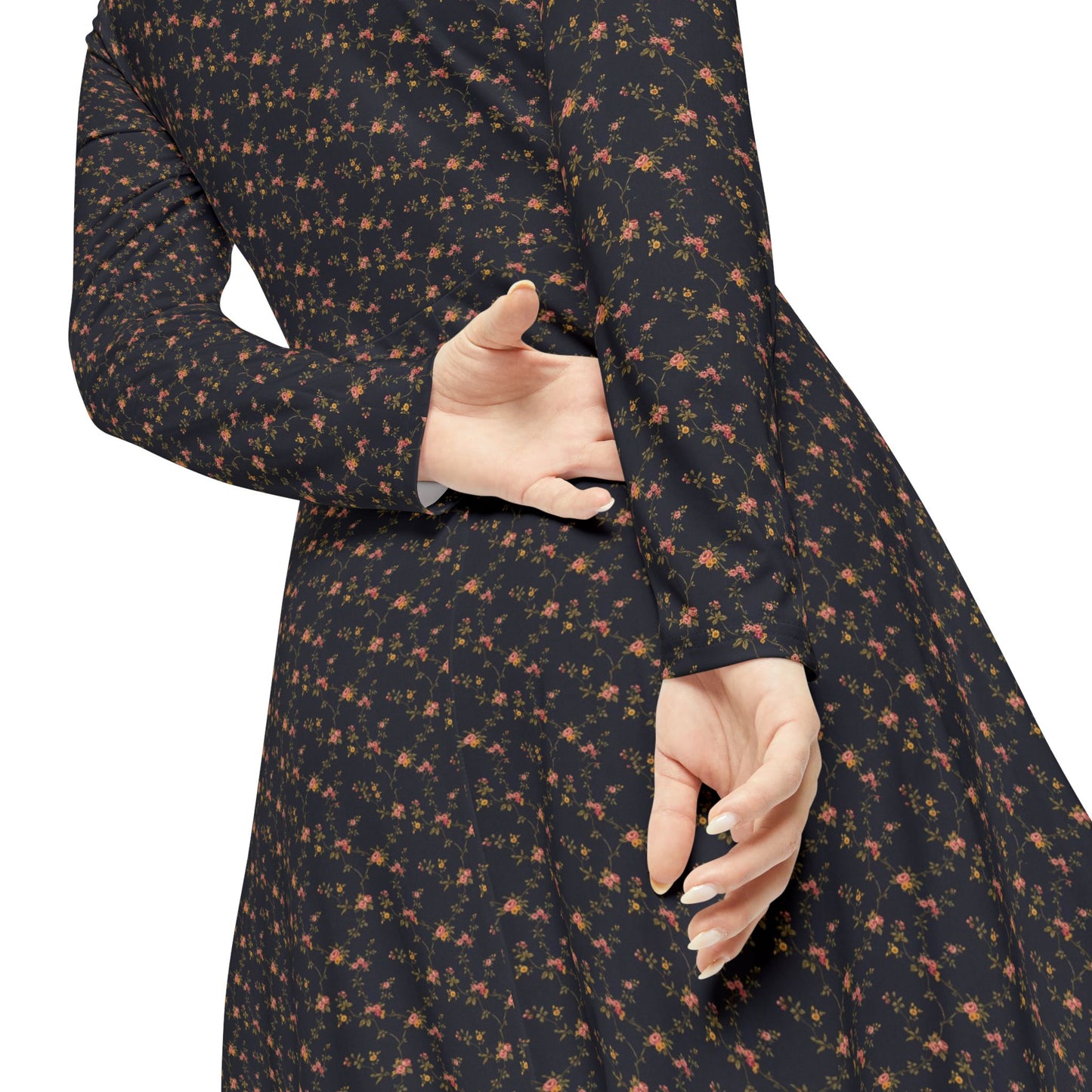 Elegant Bohemian Long Sleeve Dance Dress, Vintage Floral Print, Perfect for Parties, Weddings, Casual Outings, and Dance Events.