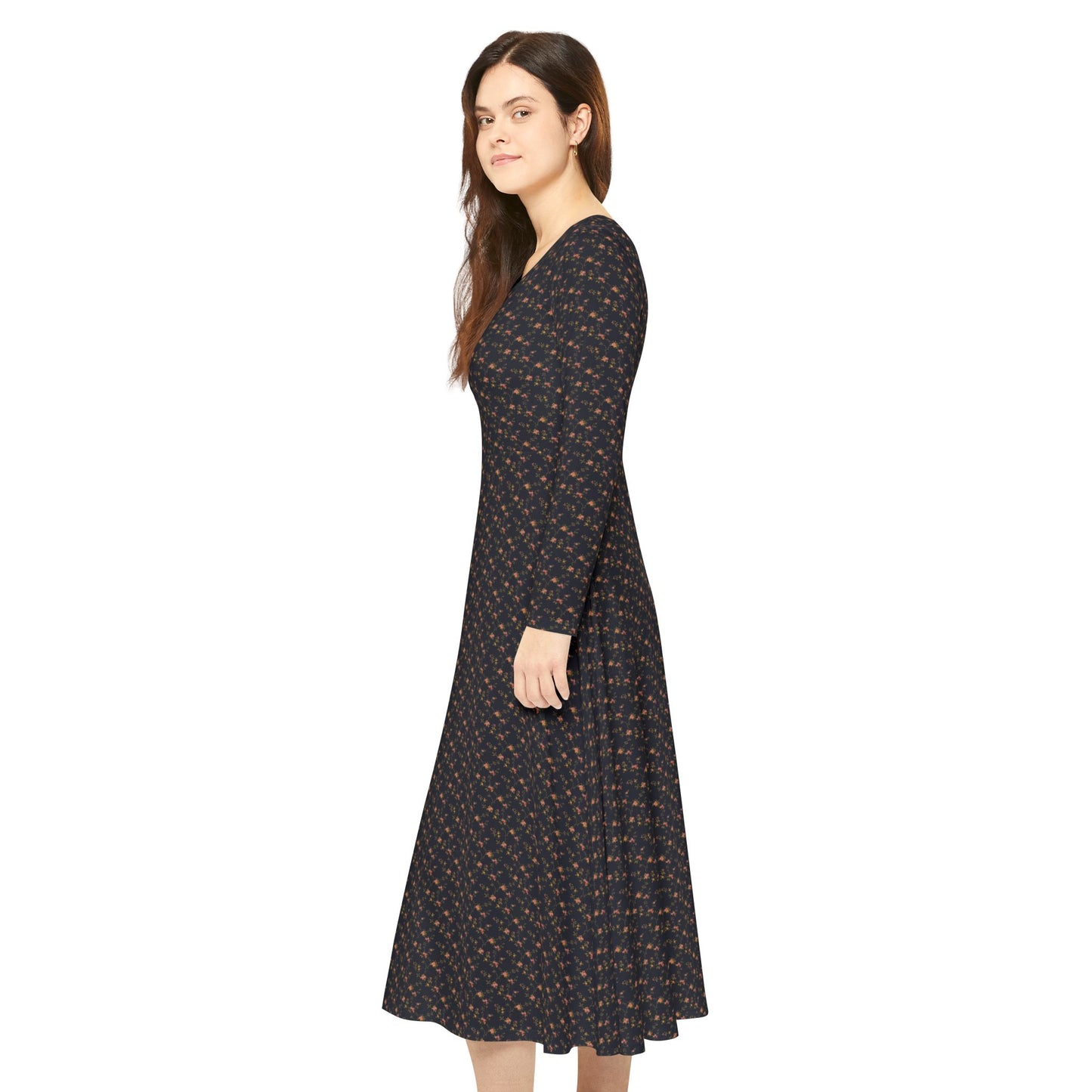 Elegant Bohemian Long Sleeve Dance Dress, Vintage Floral Print, Perfect for Parties, Weddings, Casual Outings, and Dance Events.