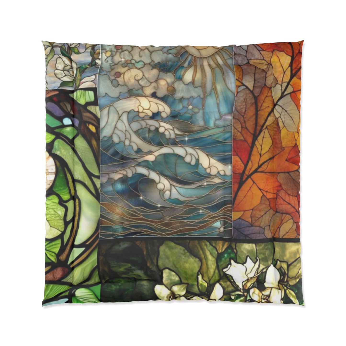 Stained Glass Comforter - Artistic Bedding for Cozy Spaces, Home Decor, Gift for Housewarming, Boho Chic Style, Floral Print