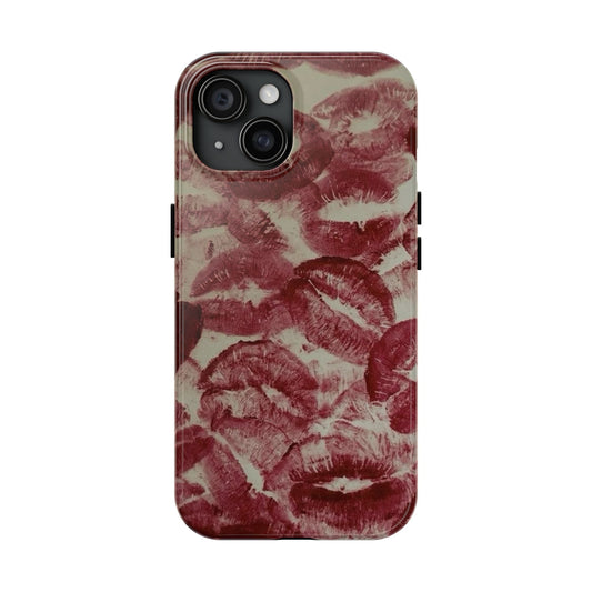 Iphone 15 Stylish Lip Print Phone Case, Tough Phone Case, Kiss Pattern Cover, Unique Gift for Her, Fashionable Phone Accessories, Valentine's Day