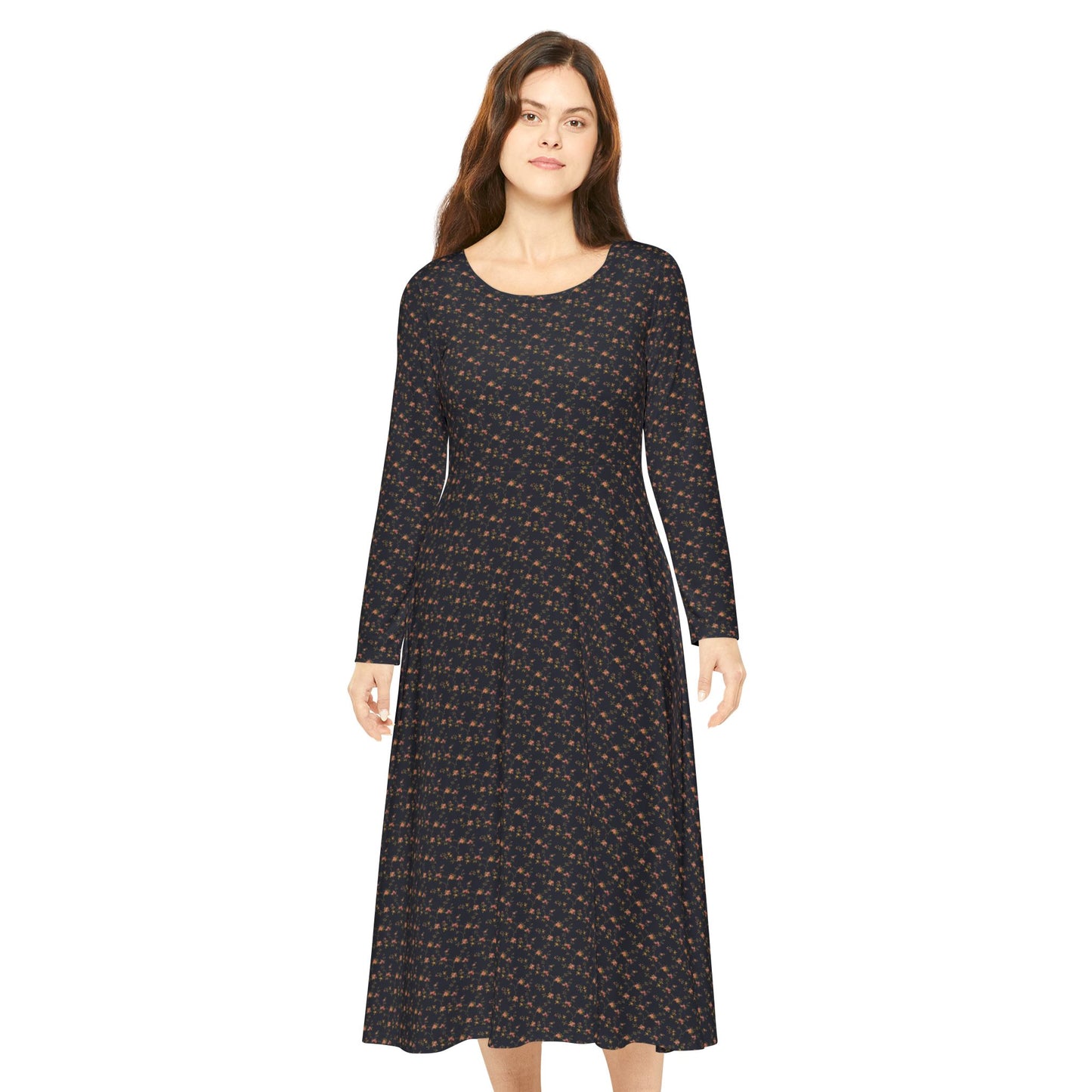 Elegant Bohemian Long Sleeve Dance Dress, Vintage Floral Print, Perfect for Parties, Weddings, Casual Outings, and Dance Events.